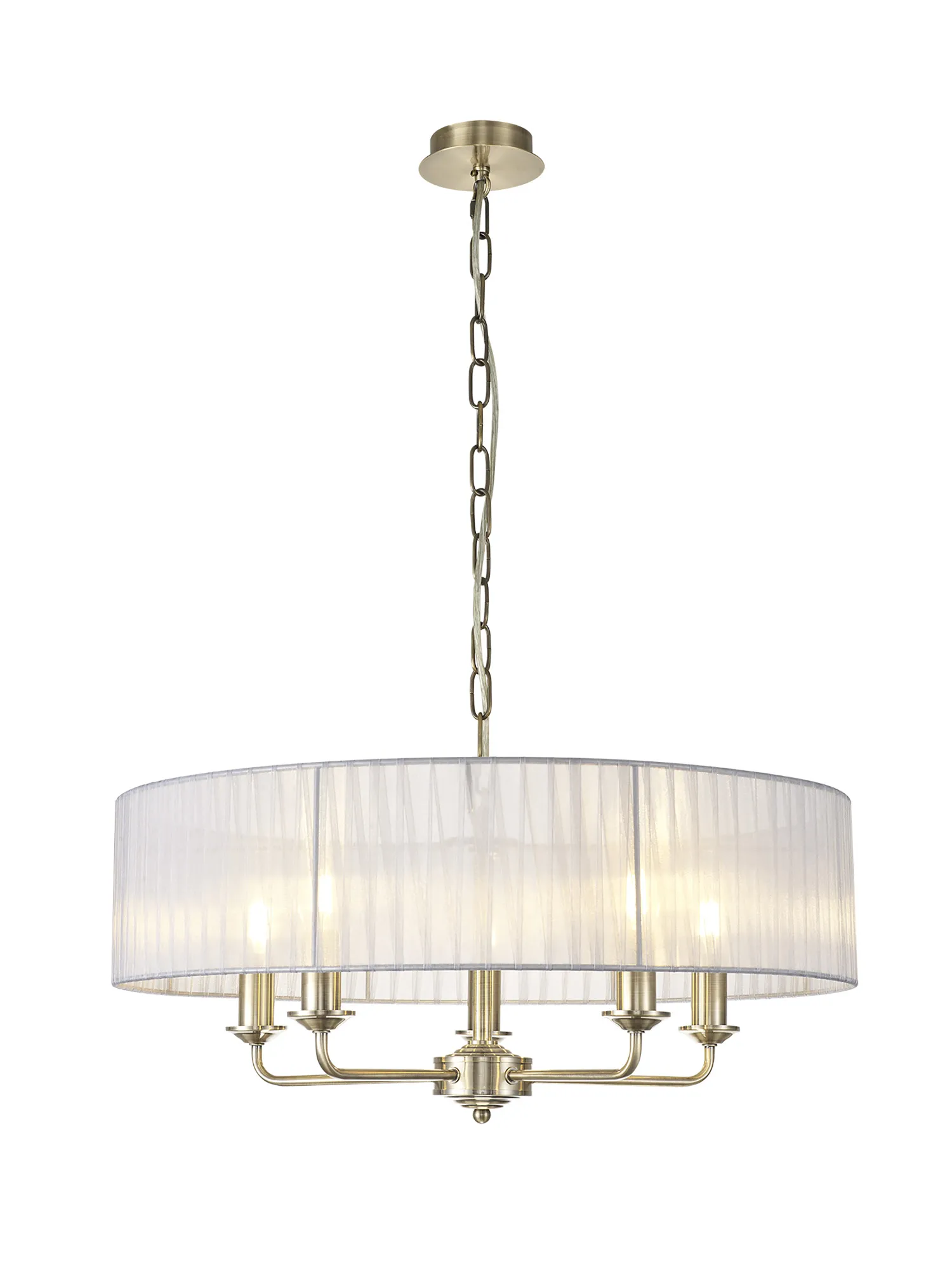 DK0872  Banyan 5 Light Multi Arm Pendant With 60cm x 15cm Organza Shade Antique Brass/Grey